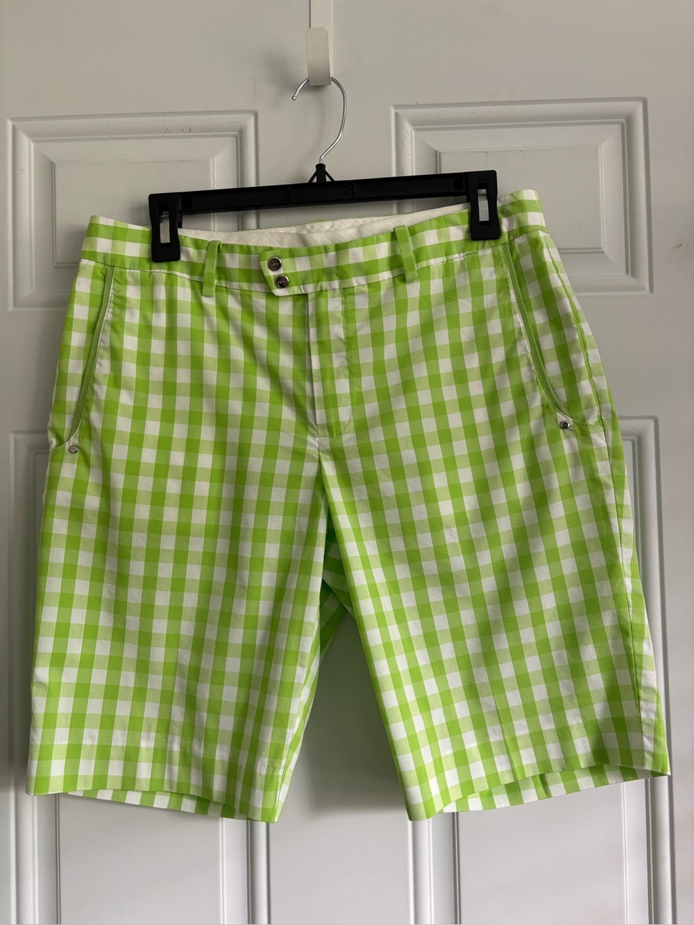 Ralph Lauren RLX Lime Green & White Gingham Flat Front Shorts, Size 8